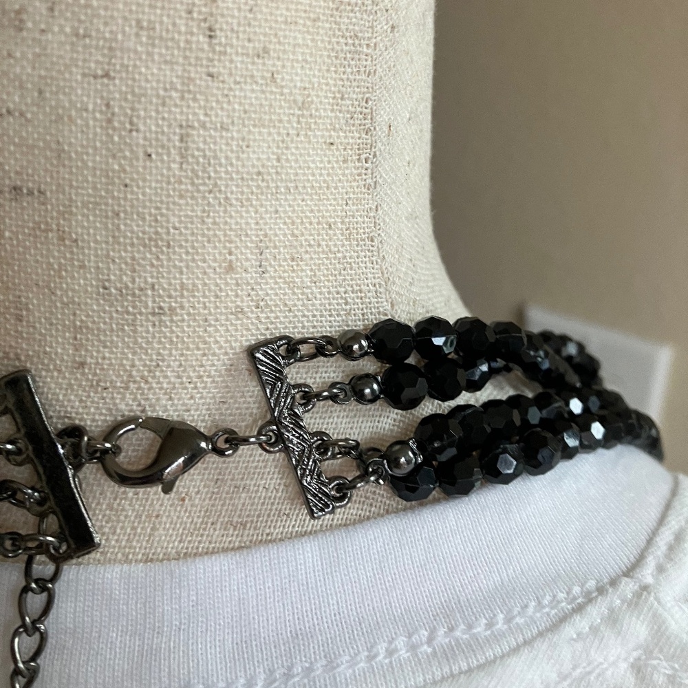Black Beaded Necklace - 34.5" Long Multi-strand Brooch Necklace - Picture 3 of 3